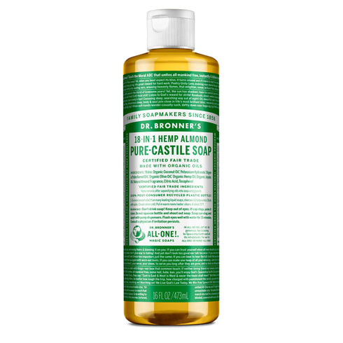 Dr. Bronner's - Pure-Castile Liquid Soap (Almond, 16 ounce) - Made with Organic Oils, 18-in-1 Uses: Face, Body, Hair, Laundry, Pets and Dishes, Concentrated, Vegan, Non-GMO